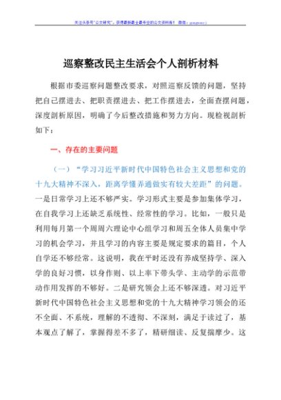 巡察整改民主生活会个人剖析材料