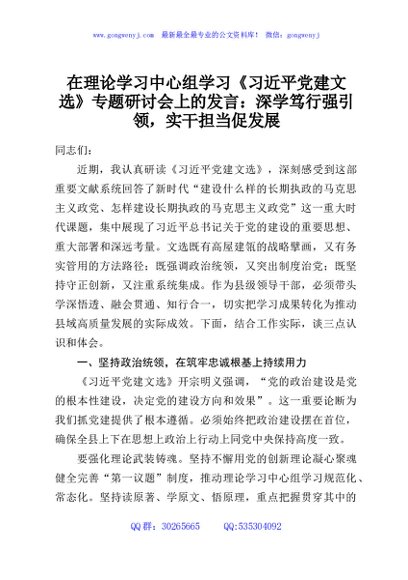 在理论学习中心组学习《习近平党建文选》专题研讨会上的发言：深学笃行强引领，实干担当促发展