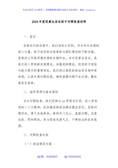2024年度巡察生活会班子对照检查材料