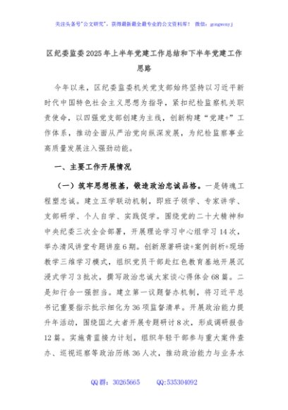 区纪委监委2025年上半年党建工作总结和下半年党建工作思路