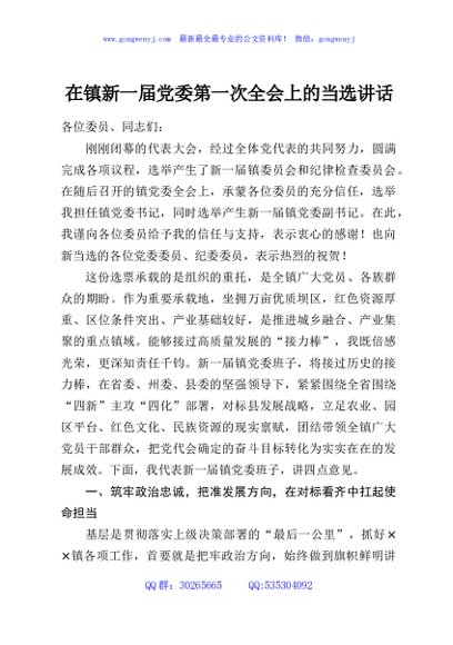在镇新一届党委第一次全会上的当选讲话