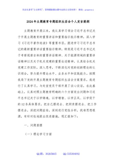 2024年主题教育专题组织生活会个人发言提纲
