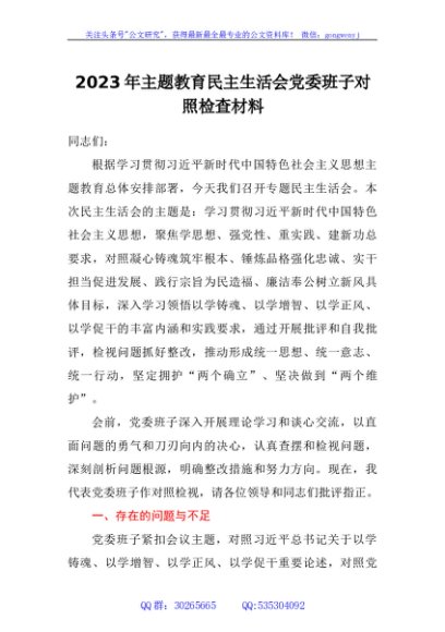 2023年主题教育民主生活会党委班子对照检查材料
