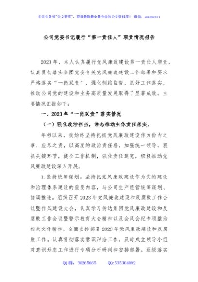 公司党委书记履行“第一责任人”职责情况报告