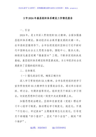 X市2024年基层组织体系建设工作情况报告