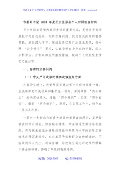 市委副书记 2024 年度民主生活会个人对照检查材料