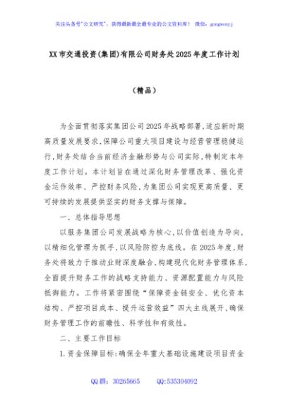 XX市交通投资(集团)有限公司财务处2025年度工作计划（精品）