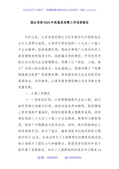 国企党委2024年抓基层党建工作述职报告