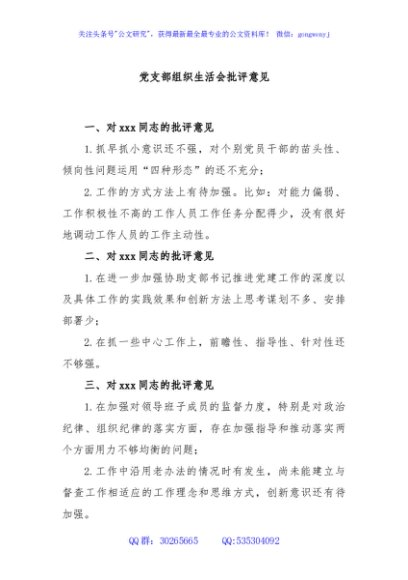 党支部组织生活会批评意见