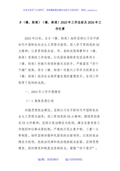 乡（镇、街道）（镇、街道）2023年工作总结及2024年工作打算