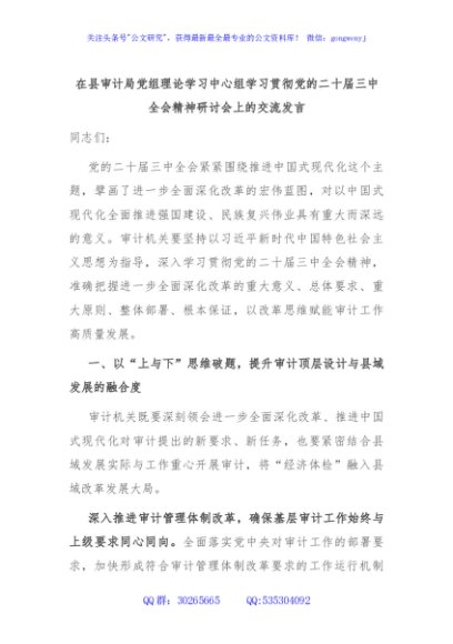 在县审计局党组理论学习中心组学习贯彻党的二十届三中全会精神研讨会上的交流发言