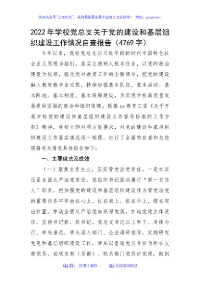 2022年学校党总支关于党的建设和基层组织建设工作情况自查报告