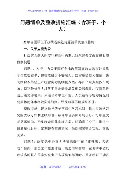 问题清单及整改措施汇编（含班子、个人）