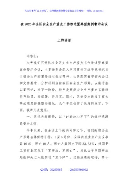 在2025年全区安全生产重点工作推进暨典型案例警示会议上的讲话