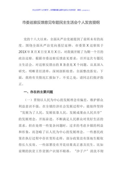 市委巡察反馈意见专题民主生活会个人发言提纲