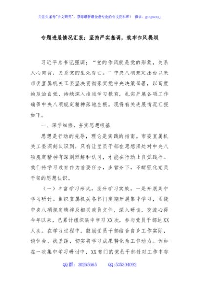 专题进展情况汇报：坚持严实基调，筑牢作风堤坝