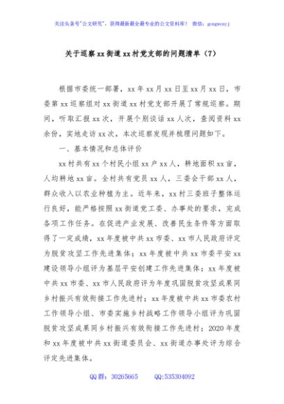 关于巡察xx街道xx村党支部的问题清单（7）