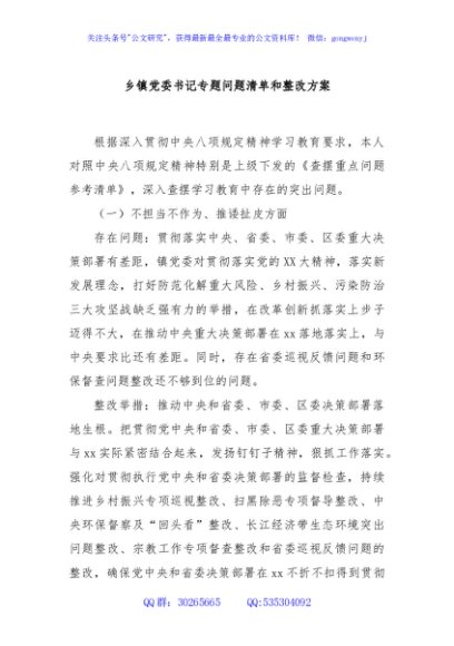 乡镇党委书记专题问题清单和整改方案