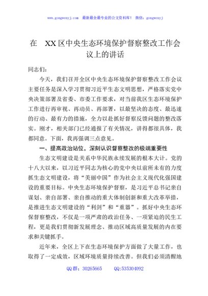 在XX区中央生态环境保护督察整改工作会议上的讲话