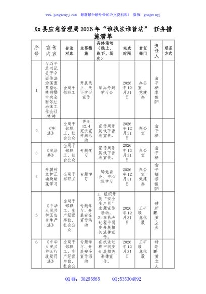 xx县应急管理局2026年“谁执法谁普法” 任务措施清单