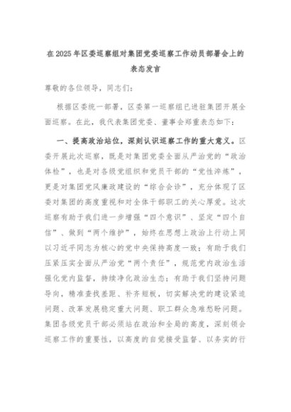 在2025年区委巡察组对集团党委巡察工作动员部署会上的表态发言