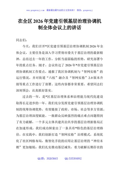 在全区2026年党建引领基层治理协调机制全体会议上的讲话
