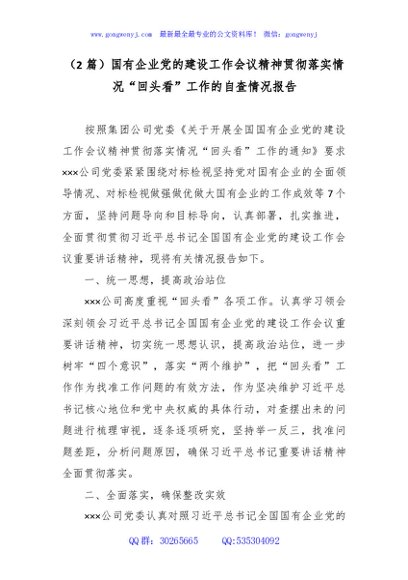 （2篇）国有企业党的建设工作会议精神贯彻落实情况“回头看”工作的自查情况报告