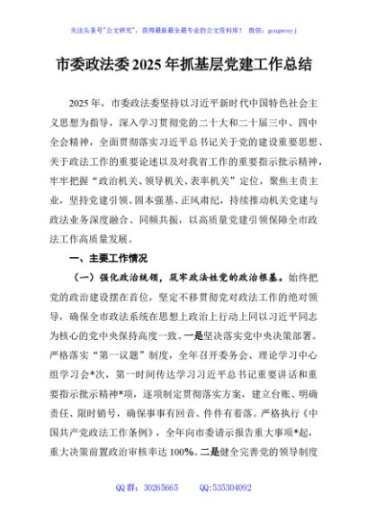 市委政法委2025年抓基层党建工作总结