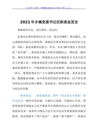 2021年乡镇党委书记任职表态发言