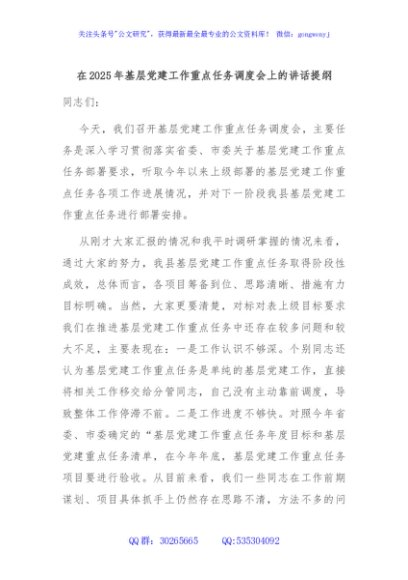 在2025年基层党建工作重点任务调度会上的讲话提纲