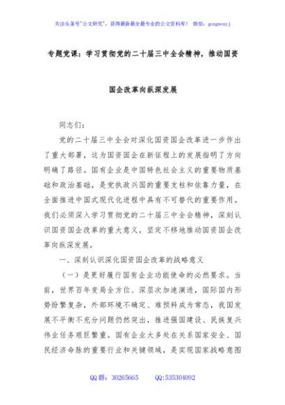专题党课：学习贯彻党的二十届三中全会精神，推动国资国企改革向纵深发展