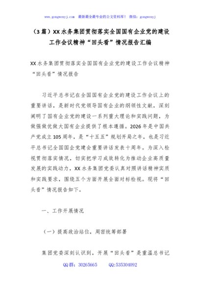 （3篇）XX水务集团贯彻落实全国国有企业党的建设工作会议精神“回头看”情况报告汇编