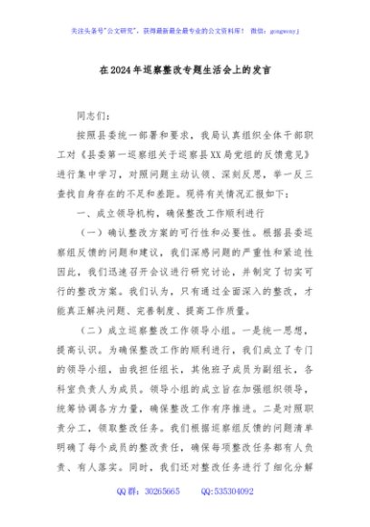 在2024年巡察整改专题生活会上的发言