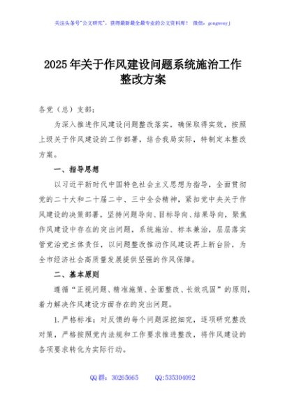 2025年关于作风建设问题系统施治工作整改方案