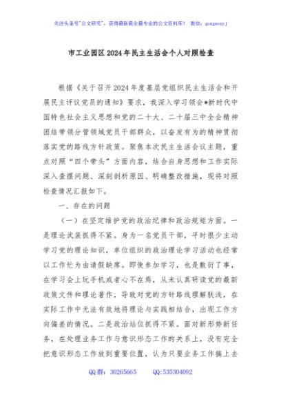 市工业园区2024年民主生活会个人对照检查