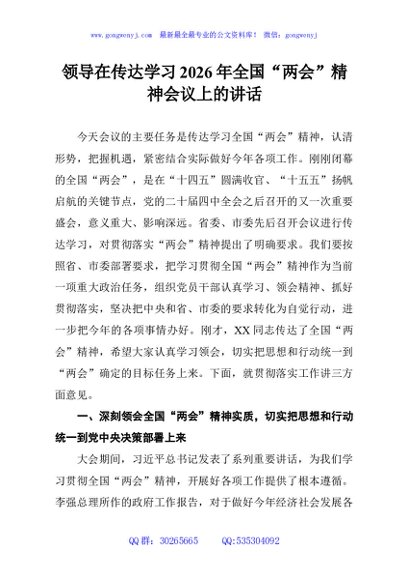 领导在传达学习2026年全国“两会”精神会议上的讲话