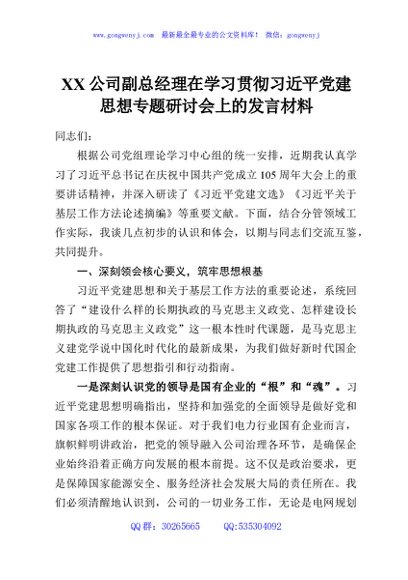 XX公司副总经理在学习贯彻习近平党建思想专题研讨会上的发言材料