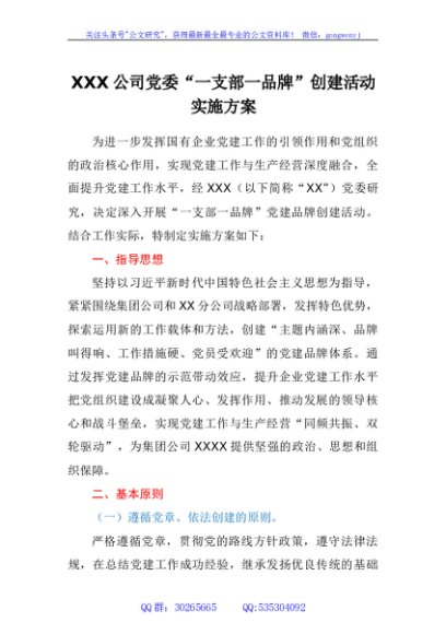 公司党委“一支部一品牌” 创建活动实施方案