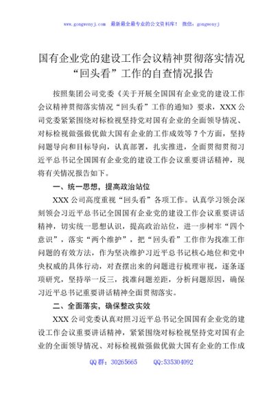 国有企业党的建设工作会议精神贯彻落实情况“回头看”工作的自查情况报告