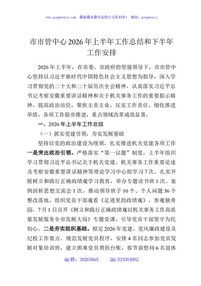 市市管中心2026年上半年工作总结和下半年工作安排