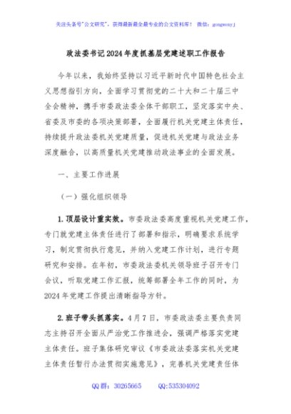 政法委书记2024年度抓基层党建述职工作报告