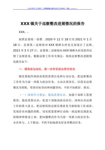 XXX镇关于巡察整改进展情况的报告