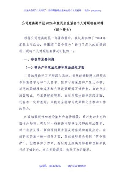 公司党委副书记2024年度民主生活会个人对照检查材料（四个带头）