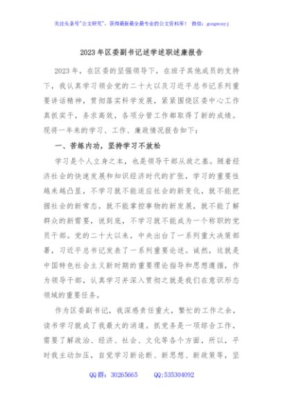 2023年区委副书记述学述职述廉报告