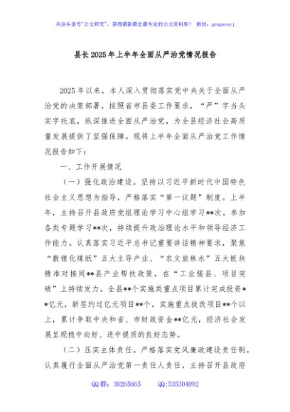 县长2025年上半年全面从严治党情况报告