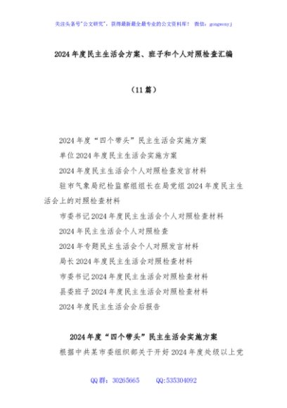 (11篇)2024年度民主生活会方案、班子和个人对照检查汇编