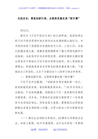 交流发言：聚焦创新引领，点燃高质量发展“新引擎”