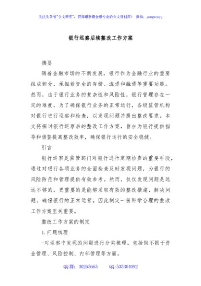 银行巡察后续整改工作方案