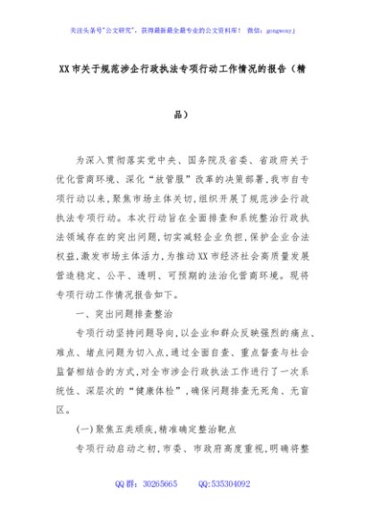 XX市关于规范涉企行政执法专项行动工作情况的报告（精品）