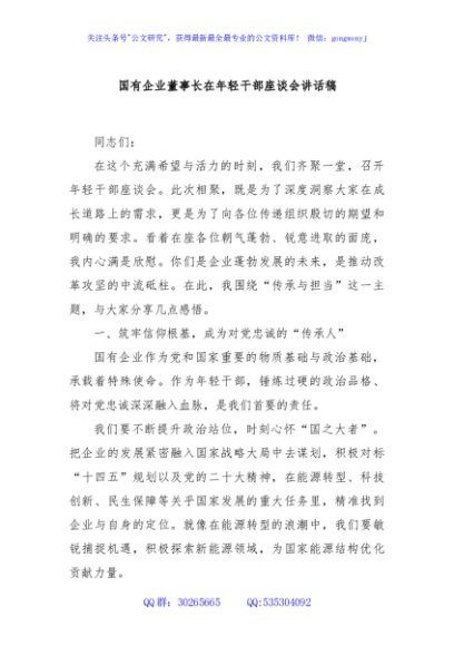 国有企业董事长在年轻干部座谈会讲话稿